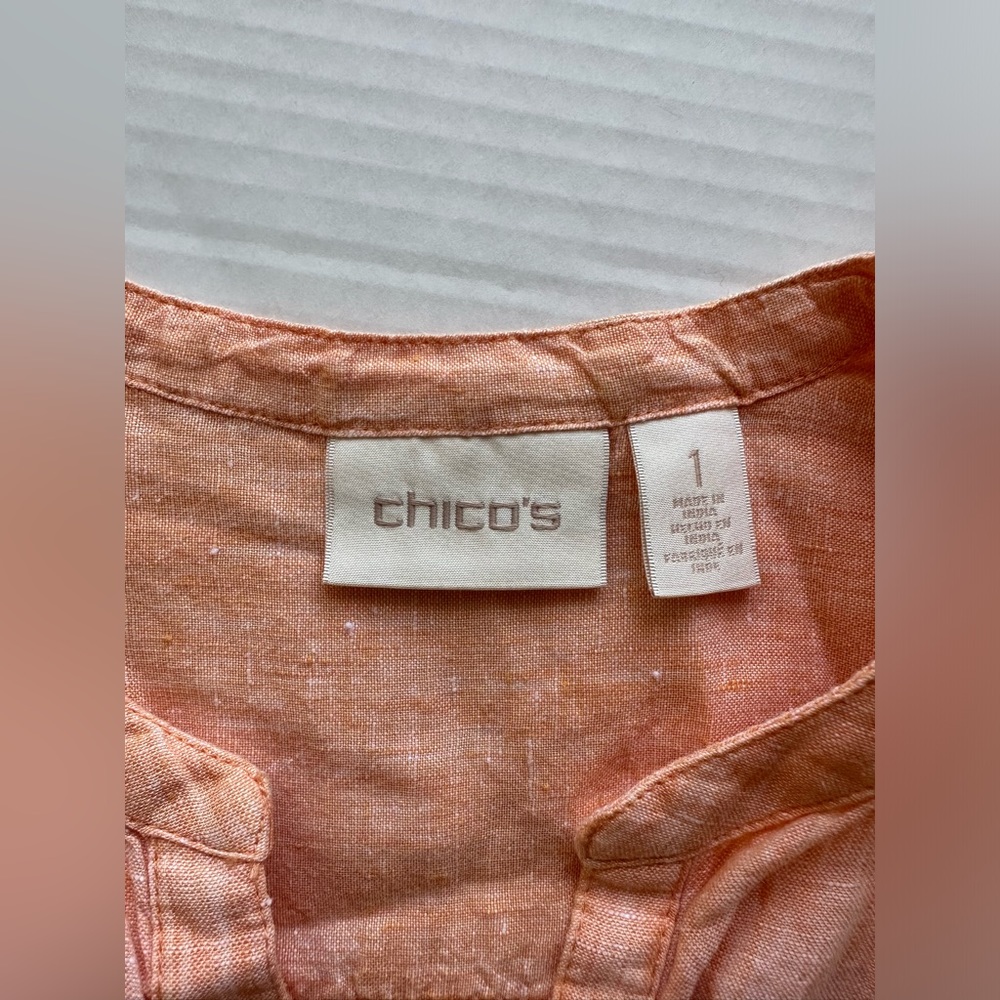 Chico’s Orange 100% Linen 3/4 Sleeves‎ Shirt Size 1 - Picture 8 of 9